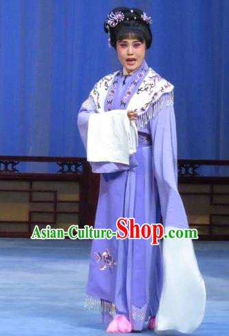 Chinese Ping Opera Young Lady Apparels Costumes and Headdress Yuan Yang Pu Traditional Pingju Opera Huadan Purple Dress Garment