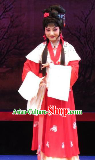 Chinese Ping Opera Xiaodan Apparels Costumes and Headpieces The Five Female Worshipers Traditional Pingju Opera Young Lady Cui Yun Red Dress Garment