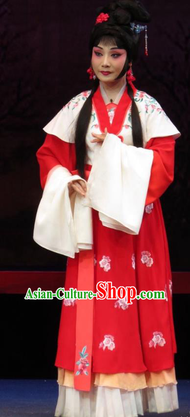 Chinese Ping Opera Xiaodan Apparels Costumes and Headpieces The Five Female Worshipers Traditional Pingju Opera Young Lady Cui Yun Red Dress Garment