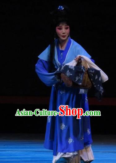 Chinese Ping Opera Country Woman Yang Sanchun Apparels Costumes and Headpieces The Five Female Worshipers Traditional Pingju Opera Diva Blue Dress Garment