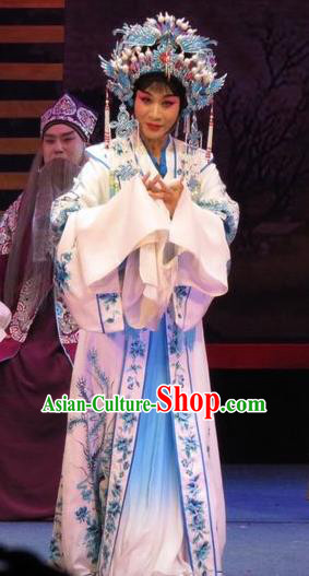 Chinese Ping Opera Yang Sanchun Apparels Costumes and Headdress The Five Female Worshipers Traditional Pingju Opera Hua Tan White Dress Garment