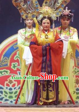 Chinese Ping Opera Goddess Queen Apparels Costumes and Headdress Legend of Love Traditional Pingju Opera Queen Mother Dress Garment