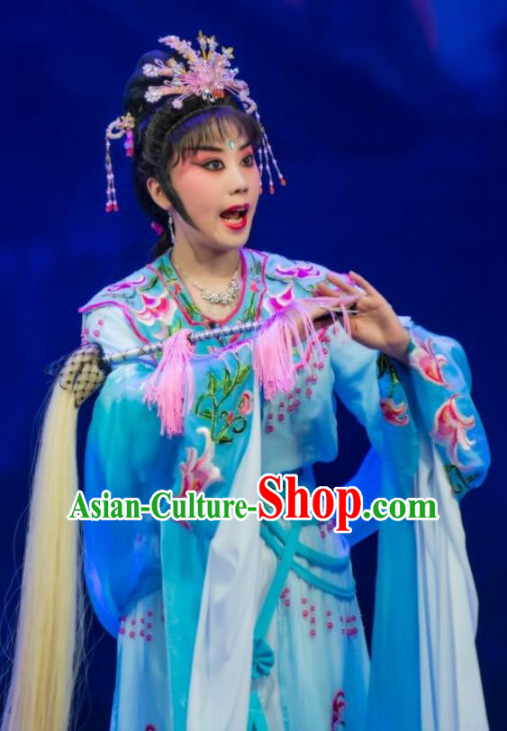 Chinese Ping Opera Hua Tan Goddess Apparels Costumes and Headpieces Legend of Love Traditional Pingju Opera Actress Blue Dress Garment
