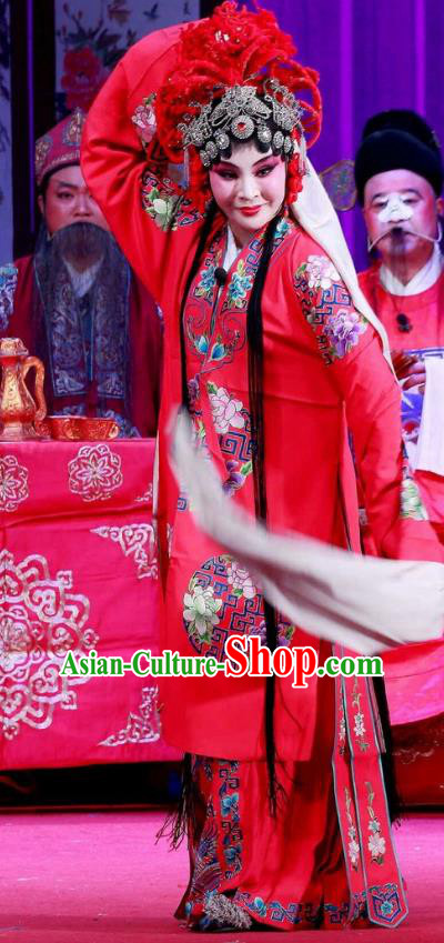 Chinese Ping Opera Diva Wang Yuying Apparels Costumes and Headdress Remember Back to the Cup Traditional Pingju Opera Hua Tan Red Dress Garment