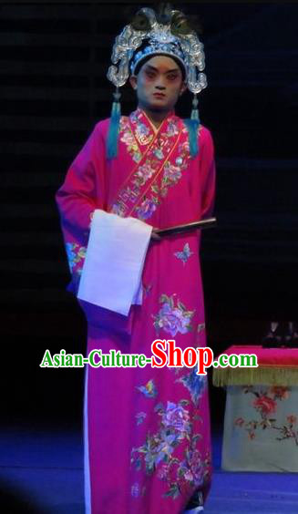 The Five Female Worshipers Chinese Ping Opera Scholar Rosy Robe Costumes and Headwear Pingju Opera Xiaosheng Scholar Apparels Clothing