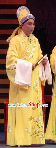 The Five Female Worshipers Chinese Ping Opera Scholar Yellow Robe Costumes and Headwear Pingju Opera Xiaosheng Apparels Clothing
