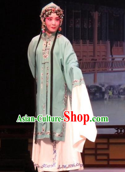 Chinese Ping Opera Huadan Actress Apparels Costumes and Headpieces Remember Back to the Cup Traditional Pingju Opera Green Dress Garment