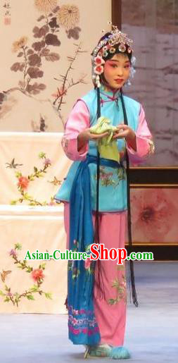 Chinese Ping Opera Young Lady Maidservant Apparels Costumes and Headdress Peach Blossom Temple Traditional Pingju Opera Xiaodan Dress Garment