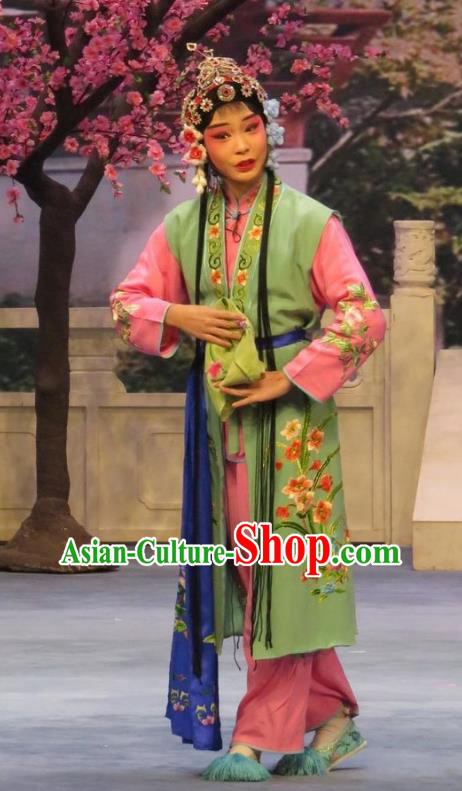 Chinese Ping Opera Young Lady Apparels Costumes and Headdress Peach Blossom Temple Traditional Pingju Opera Xiaodan Dress Maidservant Garment