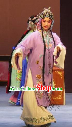Chinese Ping Opera Apparels Actress Costumes and Headdress Peach Blossom Temple Traditional Pingju Opera Diva Young Mistress Purple Dress Garment