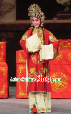 Chinese Ping Opera Bride Apparels Costumes and Headdress Linjiang Post Traditional Pingju Opera Red Dress Diva Zhang Lanzhen Wedding Garment