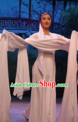 Chinese Ping Opera Young Lady Costumes Apparels and Headpieces Baoyu and Daiyu Traditional Pingju Opera White Dress Garment
