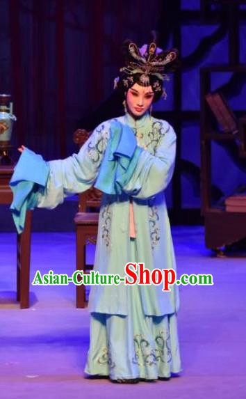 Chinese Ping Opera The Beautiful Courtesan Du Shiniang Costumes Apparels and Headpieces Traditional Pingju Opera Hua Tan Blue Dress Garment