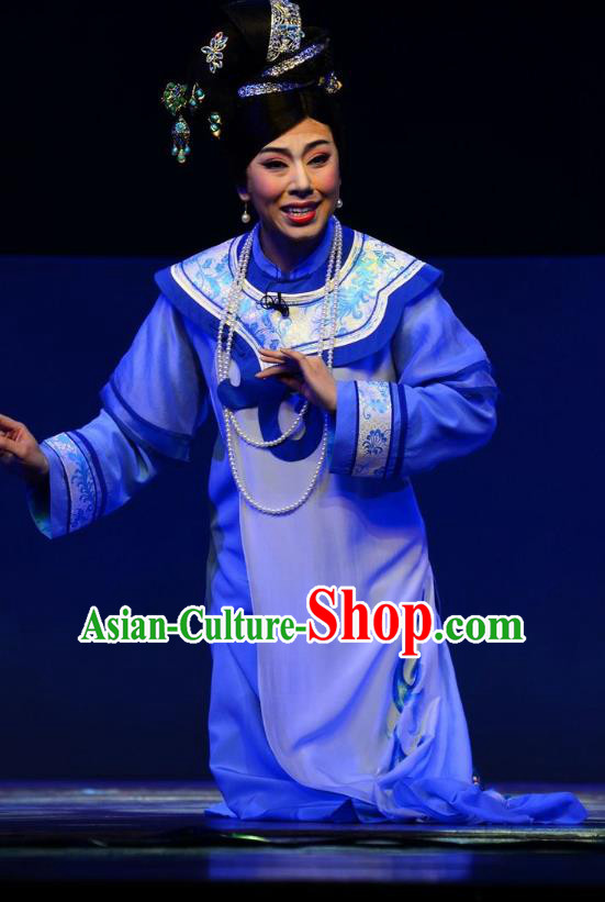 Chinese Ping Opera Palace Lady Costumes Apparels and Headdress Xiaozhuang Changge Traditional Pingju Opera Qing Dynasty Blue Dress Garment