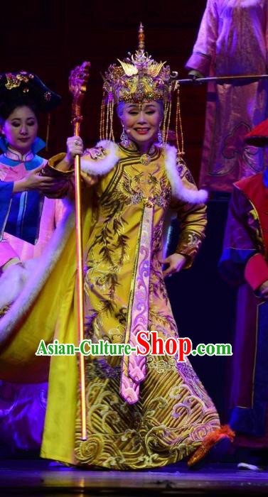 Chinese Ping Opera Qing Dynasty Queen Mother Costumes Apparels and Headdress Xiaozhuang Changge Traditional Pingju Opera Actress Dress Garment