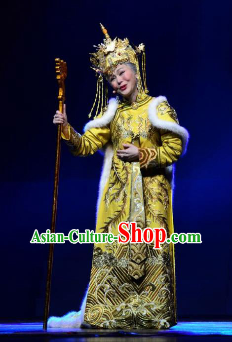 Chinese Ping Opera Qing Dynasty Queen Mother Costumes Apparels and Headdress Xiaozhuang Changge Traditional Pingju Opera Actress Dress Garment