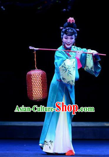 Chinese Ping Opera Hostess Leng Yuefang Costumes Apparels and Headdress Ji Yin Chuan Qi Traditional Pingju Opera Diva Green Dress Garment