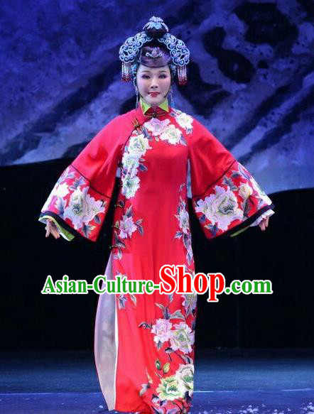 Chinese Ping Opera Diva Costumes Apparels and Headpieces Ji Yin Chuan Qi Traditional Pingju Opera Young Female Widow Leng Yuefang Red Dress Garment