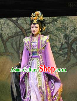 Chinese Shaoxing Opera Imperial Consort Purple Dress Costumes Zhen Huan Apparels Yue Opera Hua Tan Diva Garment and Headpieces