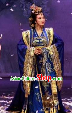 Chinese Shaoxing Opera Hua Tan Court Queen Blue Dress Costumes Yue Opera Zhen Huan Apparels Royal Dame Garment and Headdress