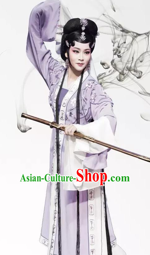 Chinese Shaoxing Opera Hua Tan Phoenix Tears Apparels Yue Opera Actress Costumes Young Lady Li Suzhen Purple Dress Garment and Hair Accessories