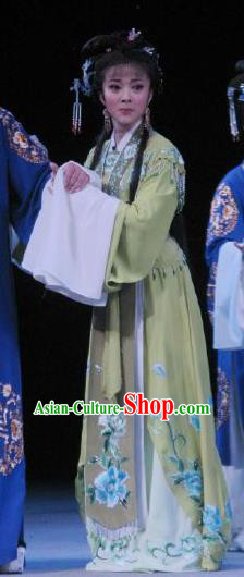 Chinese Shaoxing Opera Noble Lady Garment Shuang Yu Chan Yue Opera Hua Tan Costumes Actress Lv Biyun Green Dress Apparels and Headpieces