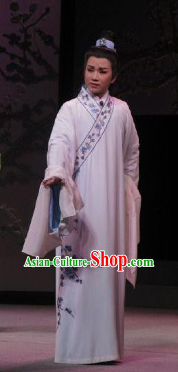 Chinese Yue Opera Scholar Costumes Garment Shuang Yu Chan Shaoxing Opera Xiao Sheng Apparels White Embroidered Robe and Headpiece