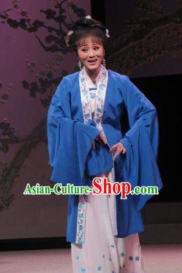 Chinese Shaoxing Opera Elderly Woman Garment Shuang Yu Chan Yue Opera Actress Costumes Middle Age Female Blue Dress Apparels and Hair Accessories