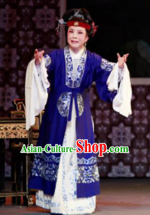 Chinese Shaoxing Opera Elderly Woman Costumes Yue Opera Lao Dan The Wrong Red Silk Apparels Garment Dame Blue Dress and Headdress