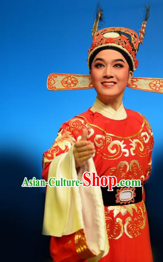 Chinese Yue Opera Number One Scholar Red Embroidered Robe Costumes and Headwear Shuang Yu Chan Shaoxing Opera Xiao Sheng Apparels Garment