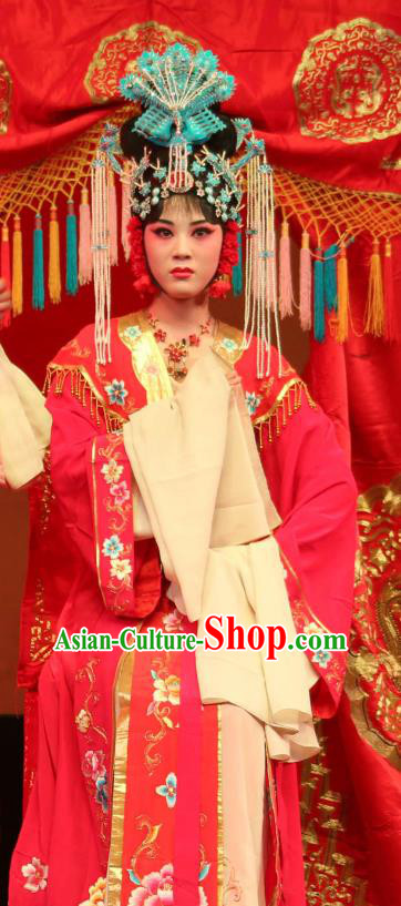 Chinese Shaoxing Opera Noble Lady Red Dress Garment A Tragic Marriage Yue Opera Costumes Diva Bride Jiang Suping Wedding Apparels and Headdress