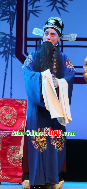 Chinese Yue Opera Ministry Official Blue Embroidered Robe Costumes and Hat Shaoxing Opera A Tragic Marriage Elderly Male Lao Sheng Apparels Garment