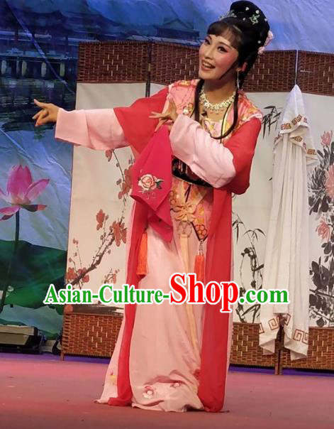 Chinese Shaoxing Opera Maidservant Costumes Yue Opera Lao Dan The Wrong Red Silk Young Lady Garment Servant Girl Apparels and Hair Jewelry