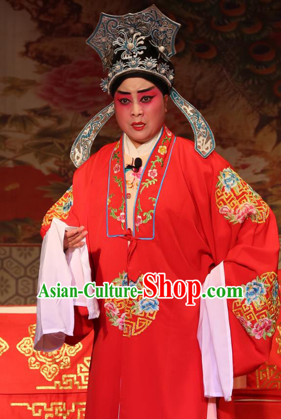 Chinese Yue Opera Young Male Zhang Qingyun Costumes Embroidered Robe and Hat Shaoxing Opera Xiao Sheng Apparels A Tragic Marriage Scholar Wedding Garment