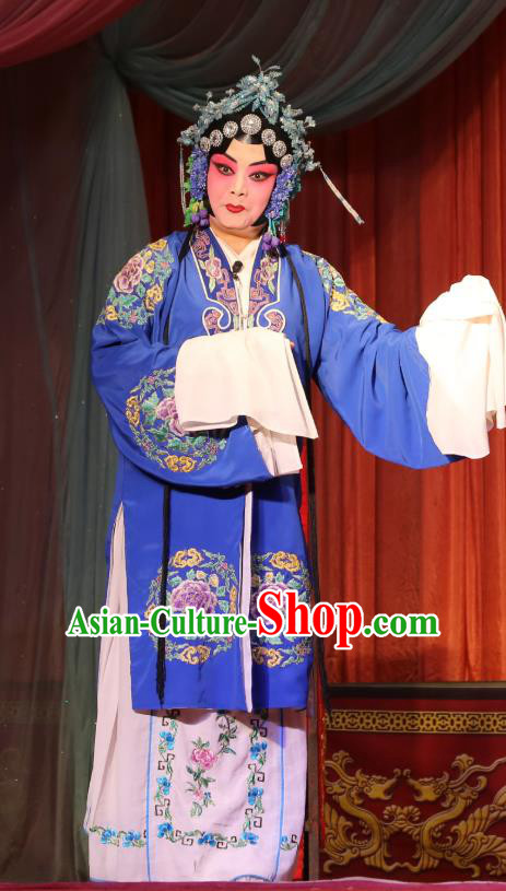 Chinese Shaoxing Opera Hua Dan Diva Blue Dress Garment A Tragic Marriage Yue Opera Actress Costumes Young Lady Apparels and Hair Jewelry