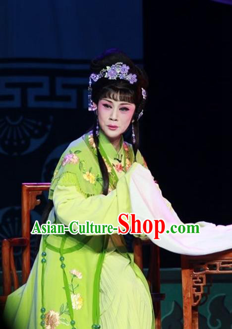 Chinese Shaoxing Opera Dan Green Dress Garment A Tragic Marriage Yue Opera Actress Costumes Hua Tan Apparels and Hair Ornaments