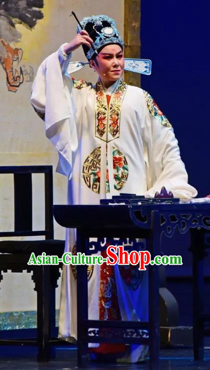 Chinese Yue Opera Young Male Costumes and Hat Shaoxing Opera Yan Zhi Apparels Garment Scholar White Embroidered Robe