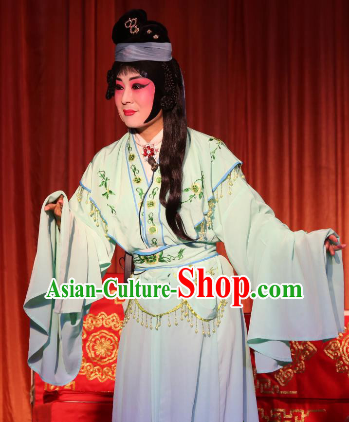 Chinese Shaoxing Opera Female Dan Green Dress Garment A Tragic Marriage Yue Opera Distress Maiden Costumes Tsing Yi Wang Lianjuan Apparels and Headwear