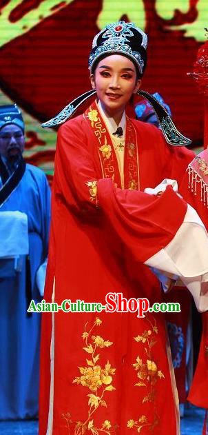 Chinese Yue Opera Niche Scholar The Wrong Red Silk Wedding Apparels Shaoxing Opera Xiao Sheng Costumes Bridegroom Red Garment and Headwear