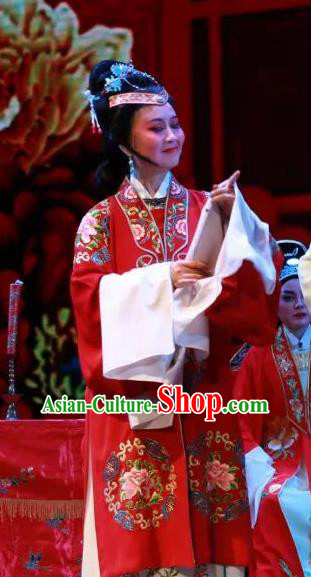 Chinese Shaoxing Opera Old Woman The Wrong Red Silk Costumes Yue Opera Dame Garment Elderly Female Red Apparels and Headpieces