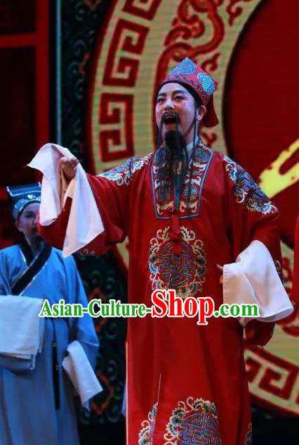 Chinese Yue Opera Ministry Councillor The Wrong Red Silk Apparels Shaoxing Opera Lao Sheng Costumes Elderly Male Garment and Headwear