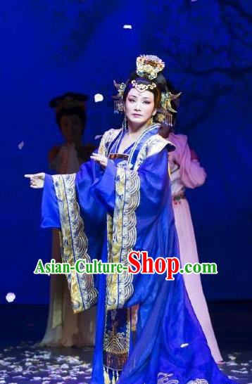 Chinese Shaoxing Opera Empress Costumes Yue Opera Zhen Huan Apparels Hua Tan Garment Imperial Queen Blue Dress and Headdress