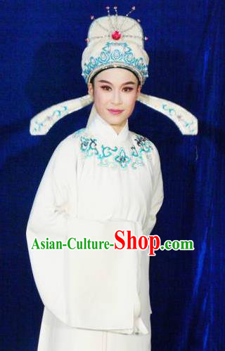 Chinese Yue Opera Gifted Youth Tang Bohu Costumes Flirting Garment Shaoxing Opera Scholar Apparels Xiaosheng Artist White Robe and Headwear