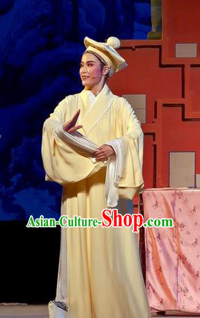 Chinese Yue Opera Genius Scholar Costumes Flirting Scholar Tang Bohu Garment Shaoxing Opera Xiaosheng Yellow Robe Apparels and Headwear