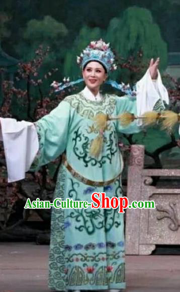 Chinese Yue Opera Young Male Meng Lijun Costumes Garment Shaoxing Opera Xiaosheng Scholar Green Python Embroidered Robe Apparels and Headpiece