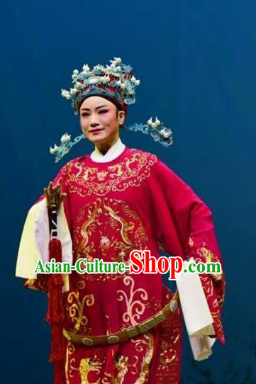Chinese Yue Opera Number One Scholar Costumes Garment Shaoxing Opera Meng Lijun Apparels Young Male Red Python Embroidered Robe and Headwear