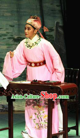 Chinese Yue Opera Calligrapher Costumes Flirting Garment Shaoxing Opera Young Male Role Apparels Scholar Wen Zhengming Pink Robe and Hat