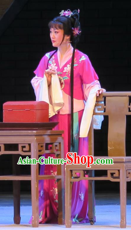 Chinese Shaoxing Opera Dong Xiaowan And Mao Bijiang Rosy Dress Garment Yue Opera Hua Tan Costumes Young Female Actress Apparels and Headpieces