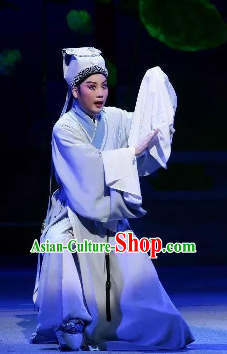 Chinese Yue Opera Poor Scholar Costumes Blue Robe and Hat Shaoxing Opera Zhui Yu Young Male Apparels Niche Xiao Sheng Garment