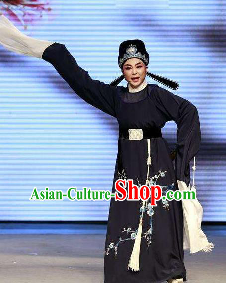 Chinese Yue Opera Lu You And Tang Wan Scholar Costumes Blue Robe and Hat Shaoxing Opera Niche Poet Young Male Apparels Garment